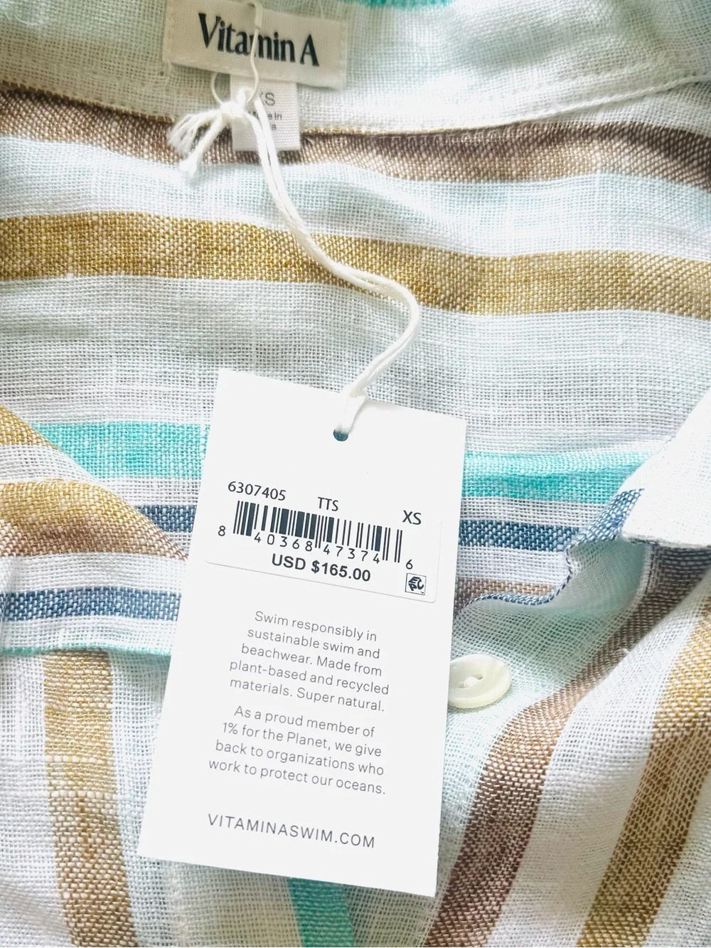 NWT Vitamin A Swim Playa Linen Boyfriend Shirt, Tidal Stripe, Blue/White/Tan, XS